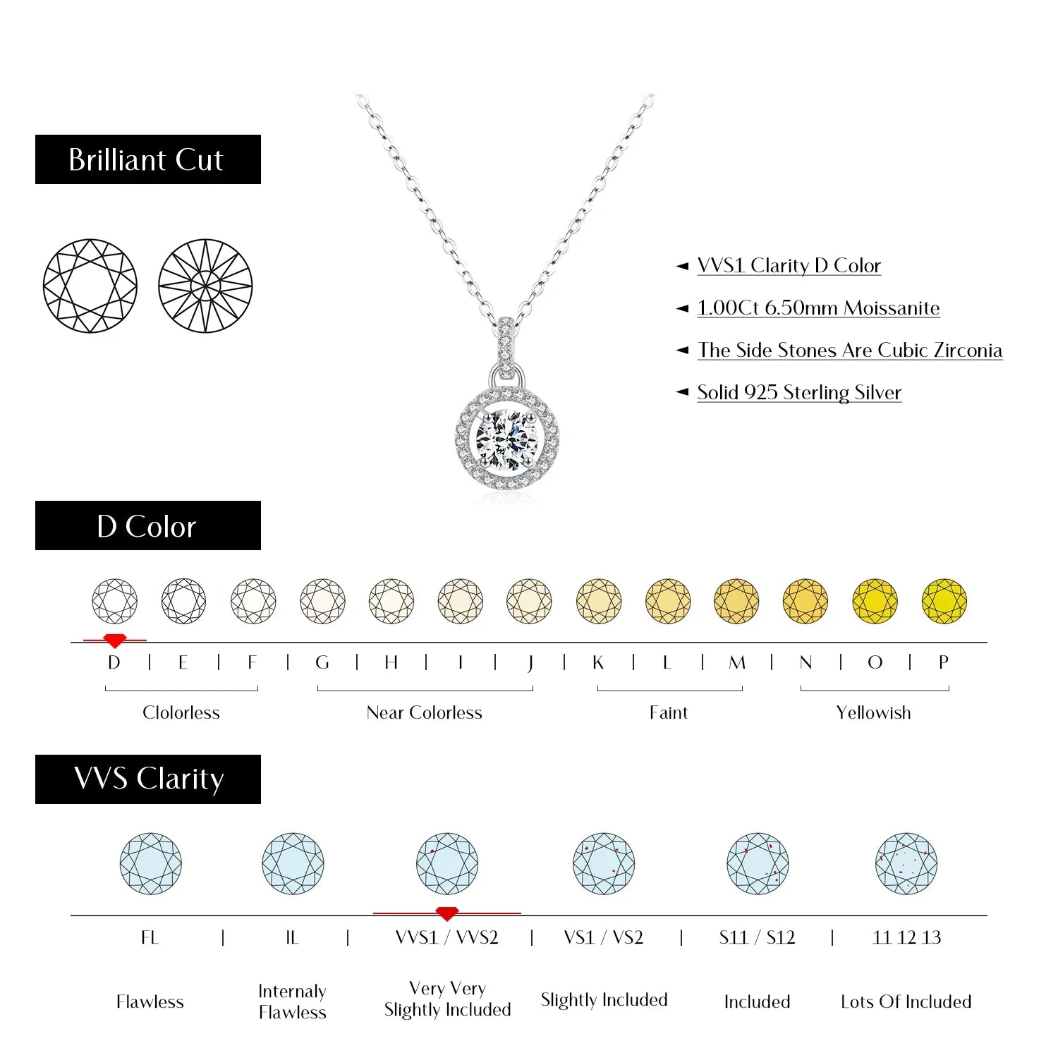 1 Carat D color Moissanite Pendant Necklace For Women 925 Sterling Silver Wedding Bridal Fine Jewelry With Certificate