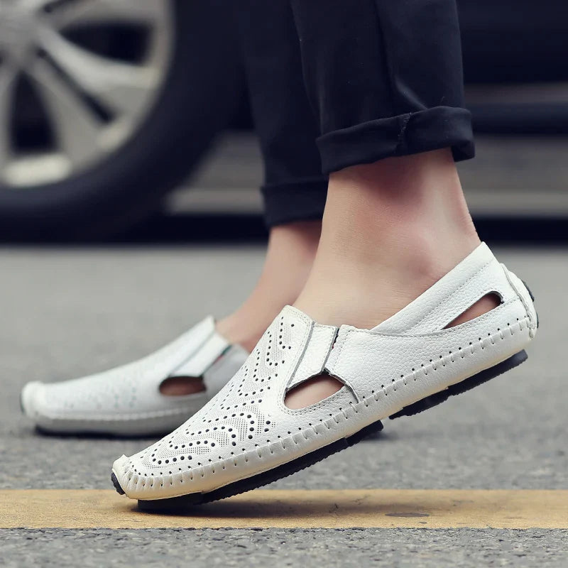 Men's Hollow Leather Shoes Summer Breathable Sandals Genuine Leather Slip-on Loafers Flat  Soft Soled Driving Casual Shoes