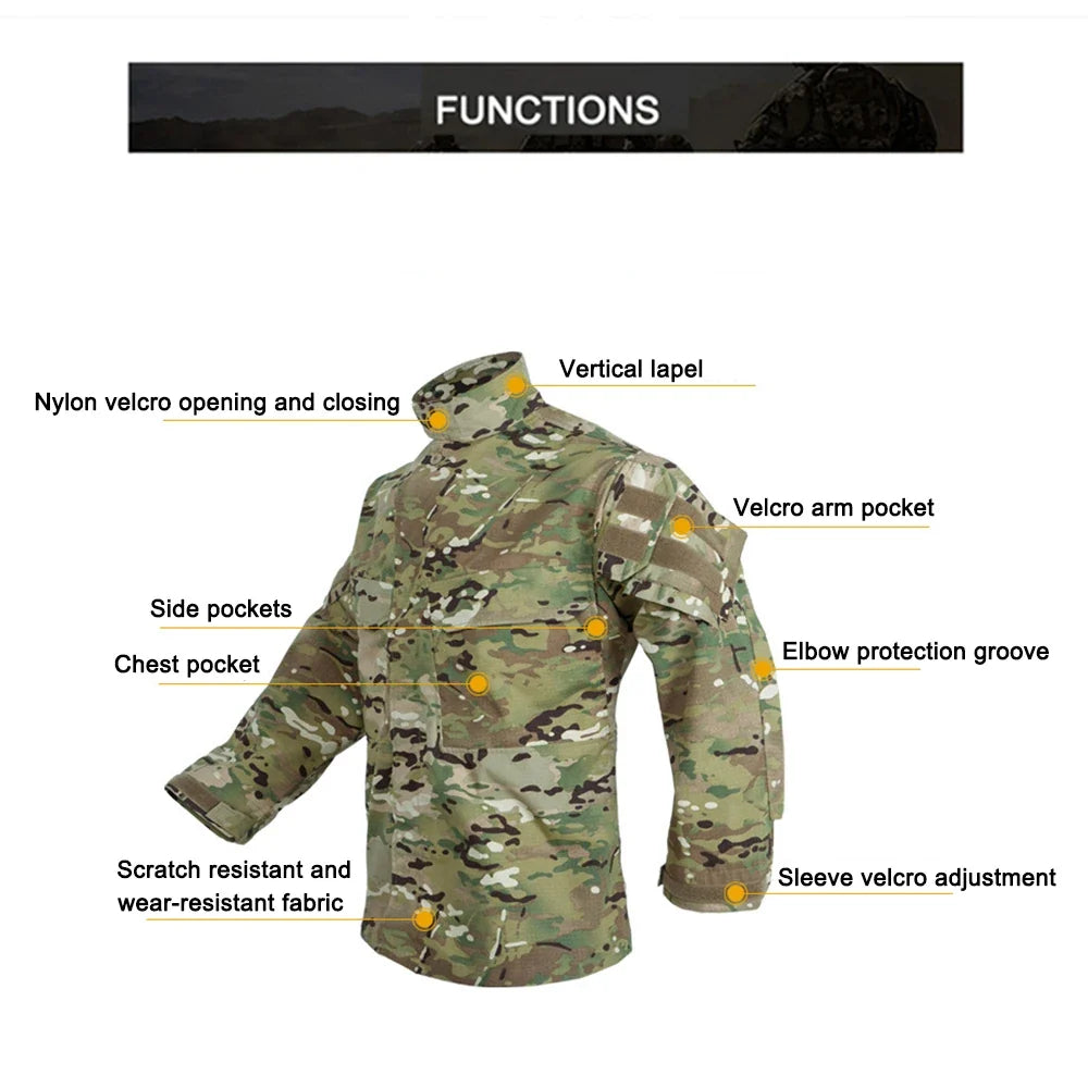 Men's Field Camouflage Clothing Tactical Combat Training Uniform Outdoor Hunting Camping Camo Long Sleeved Windbreaker Coat