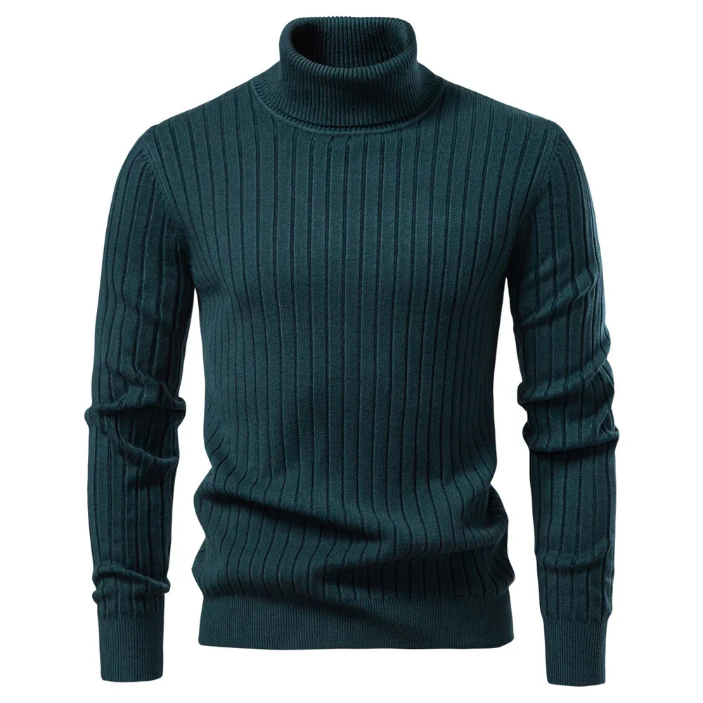 Men's Turtleneck Sweater Solid Color with Striped Pullover Warm Knitwear Winter Basic Casual High Quality Sweater Male
