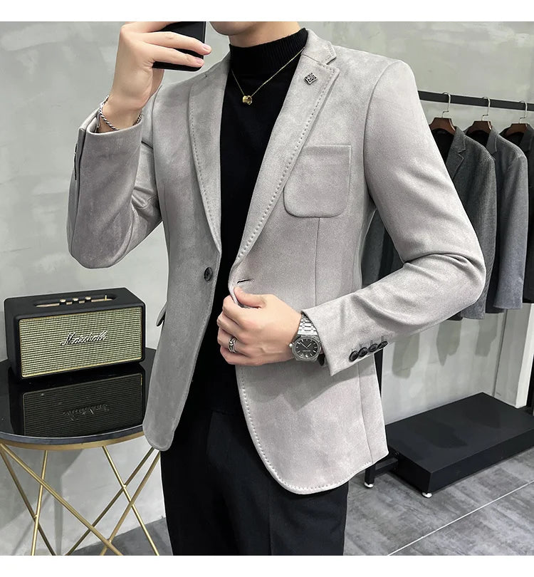 Plus Size 4XL-M Autumn Deerskin Velvet Jackets Blazer 6 Color Men Business Slim Blazers Hommes Casual Wedding Tuxedo Suit Coat