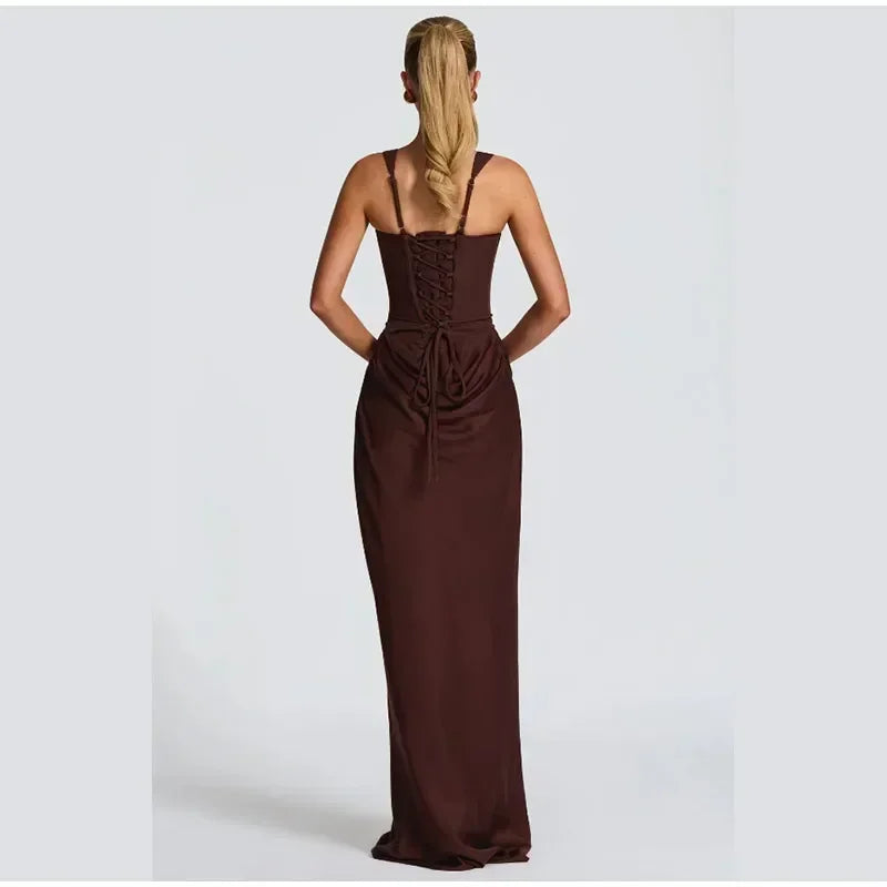 Sexy Square-neck Halter Long Dress Women 2025 Pleated Sleeveless Backless High Waist Bodycon Dresses New Summer Lady Party Gowns