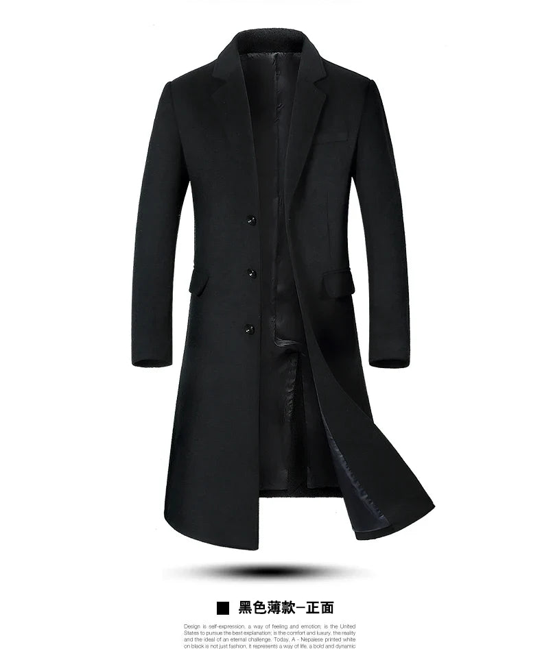 Men's High-Quality Autumn Winter Wool Coat Long Fashion Trench Coat Over-the-Knee Thick Cotton M-4XL
