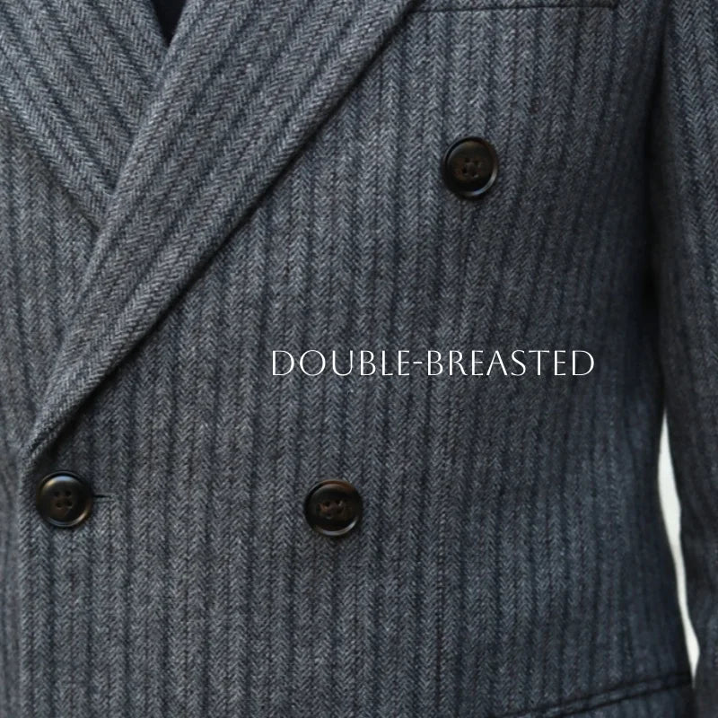 New Thick Style Stripes Herringbone Pattern Men's 2-Piece Suit Double-Breasted Slim Fit Jacket Trousers Vintage Braze Suit