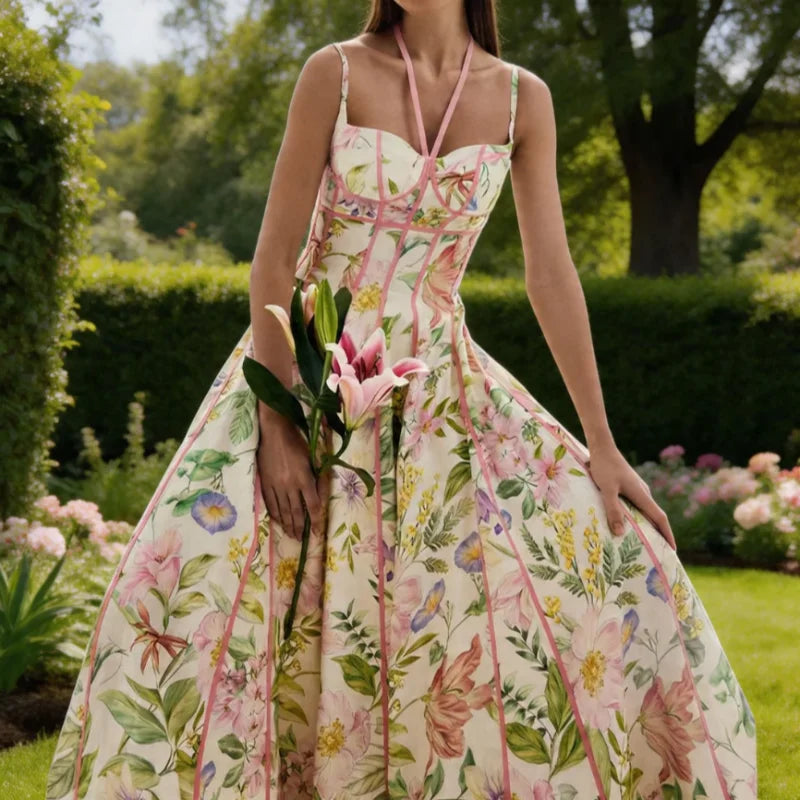 Fashionable Lady Floral Corset Maxi Dresses Halter Neck Sleeveless Flowy Long Dress Female Beach Vacation Party Evening Gown