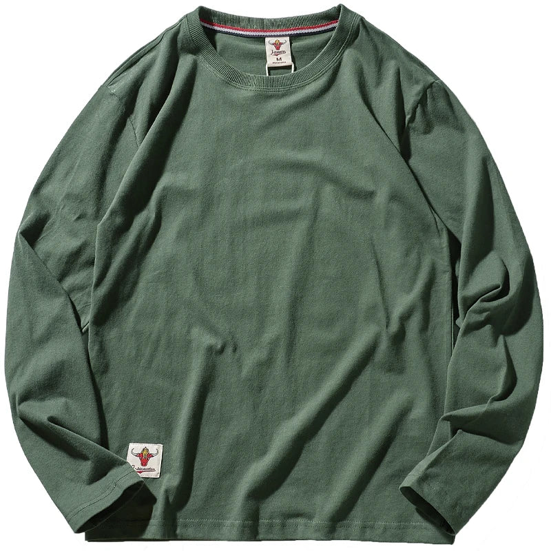 Autumn American Retro Long Sleeve O-neck Solid Color T-shirt Men's Fashion Simple 100% Cotton Washed Old Casual Bottoming Tops