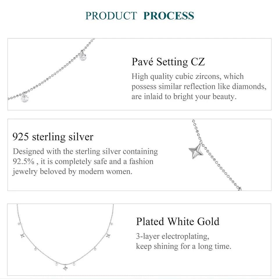 Genuine 925 Sterling Silver Dainty Starry Sky Tassel Necklace for Women, Cute Star Necklaces Christmas Jewel BSN414