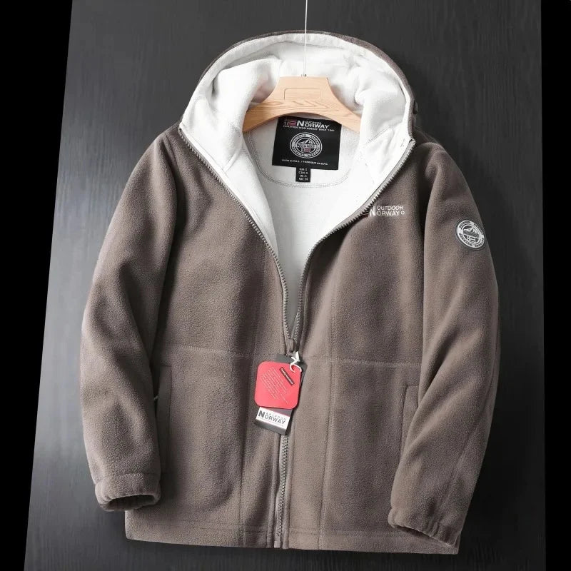 Thickened Double Layer Fleece Winter Jacket for Men with Hood Warm And Anti-Hail Norwegian Style Casual Loose Fit Jacket