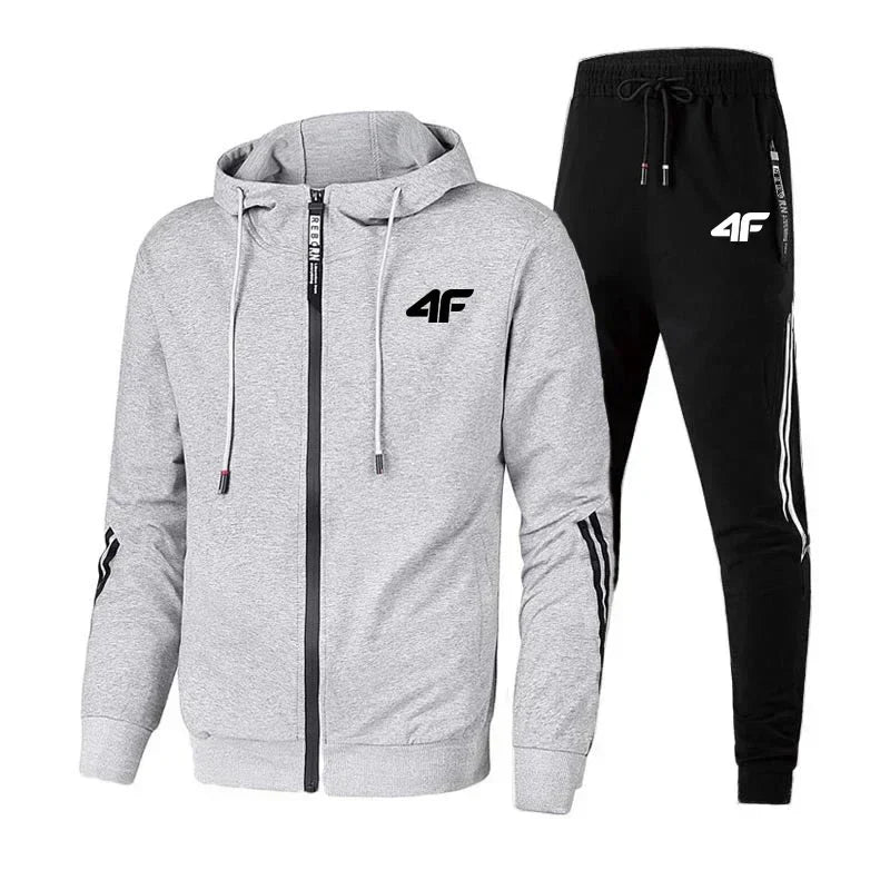 4F Print Zipper Long Sleeve Set Men Casual Outfit Fashion Streetwear Tracksuit Comfortable Loungewear