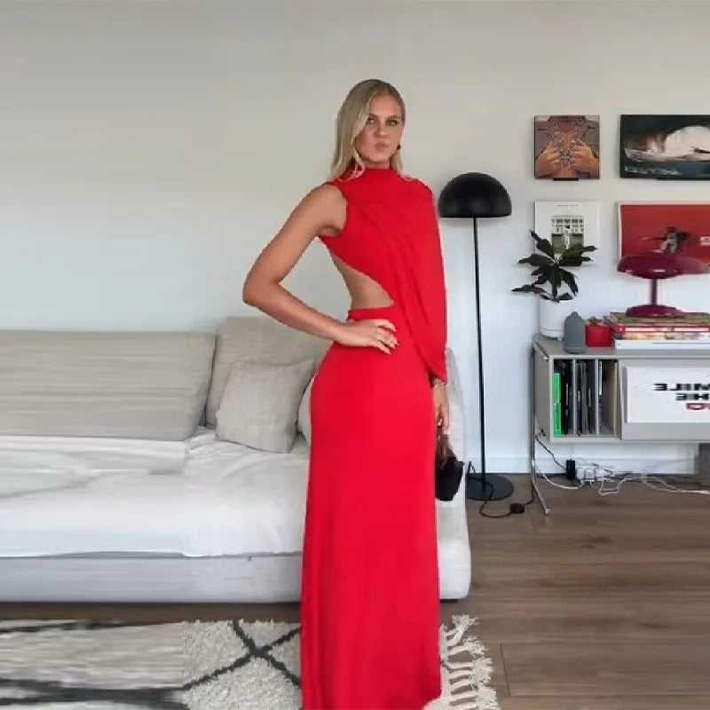 Red Asymmetrical Draped Backless Maxi Dress One Shoulder High Neck Cutout Bodycon Evening Gown For Women Formal Party