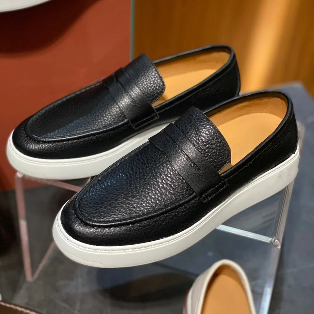 2026 New Men Genuine Grain Leather Penny Loafers Slip On Platform Non Slip Soft Sole Business Casual Driving Daily Walking Shoes