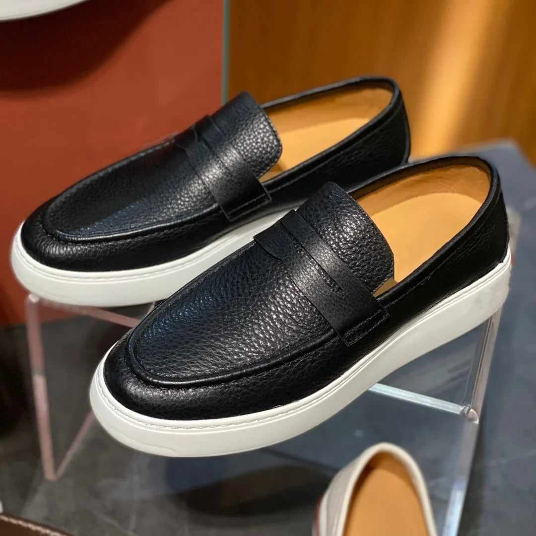 2026 New Men Genuine Grain Leather Penny Loafers Slip On Platform Non Slip Soft Sole Business Casual Driving Daily Walking Shoes