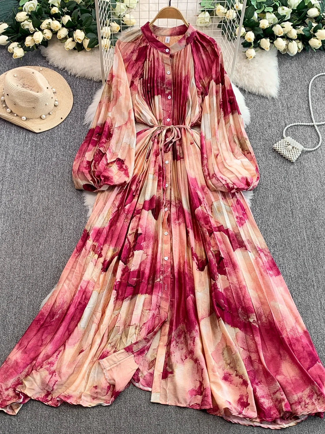 Printed round Ne Lantern Sve Dr Women's Single Button Waist Cinch Maxi Skirt Long Dr Commute Sle Autumn