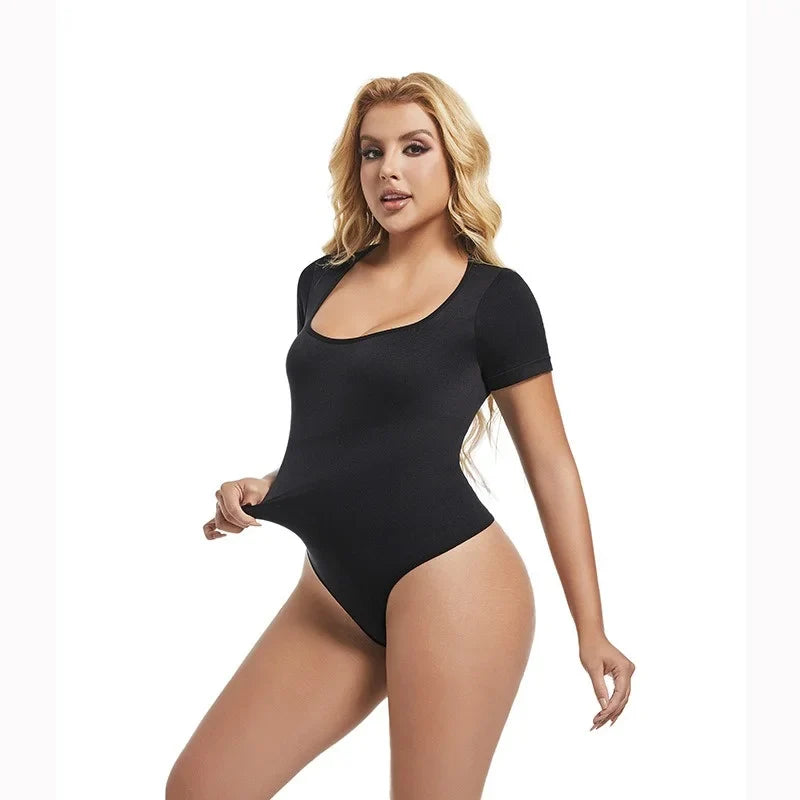 GUUDIA Short Sleeve Open Crotch Big U Neck Seamless Shapers Spandex Elastic Body Suit Shapewear Women Body Shaper Tummy Control