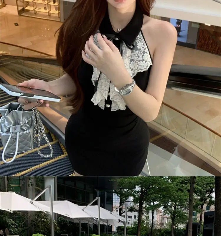 Kimotimo Hotsweet Y2k Dress Women Lace Splicing Bow Halter Waist Slim Fit Hip Mini Dresses Fashion Birthday Party Vestido Summer