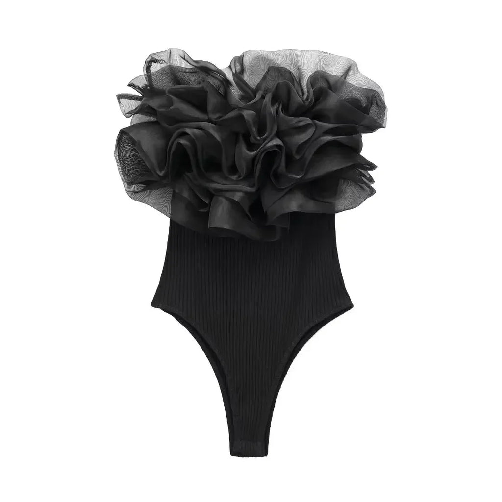 Willshela Women Fashion Ribbed Bodysuit With Organza Ruffle Vintage High Elastic Sexy y2k Female Chic Lady Tops body femme