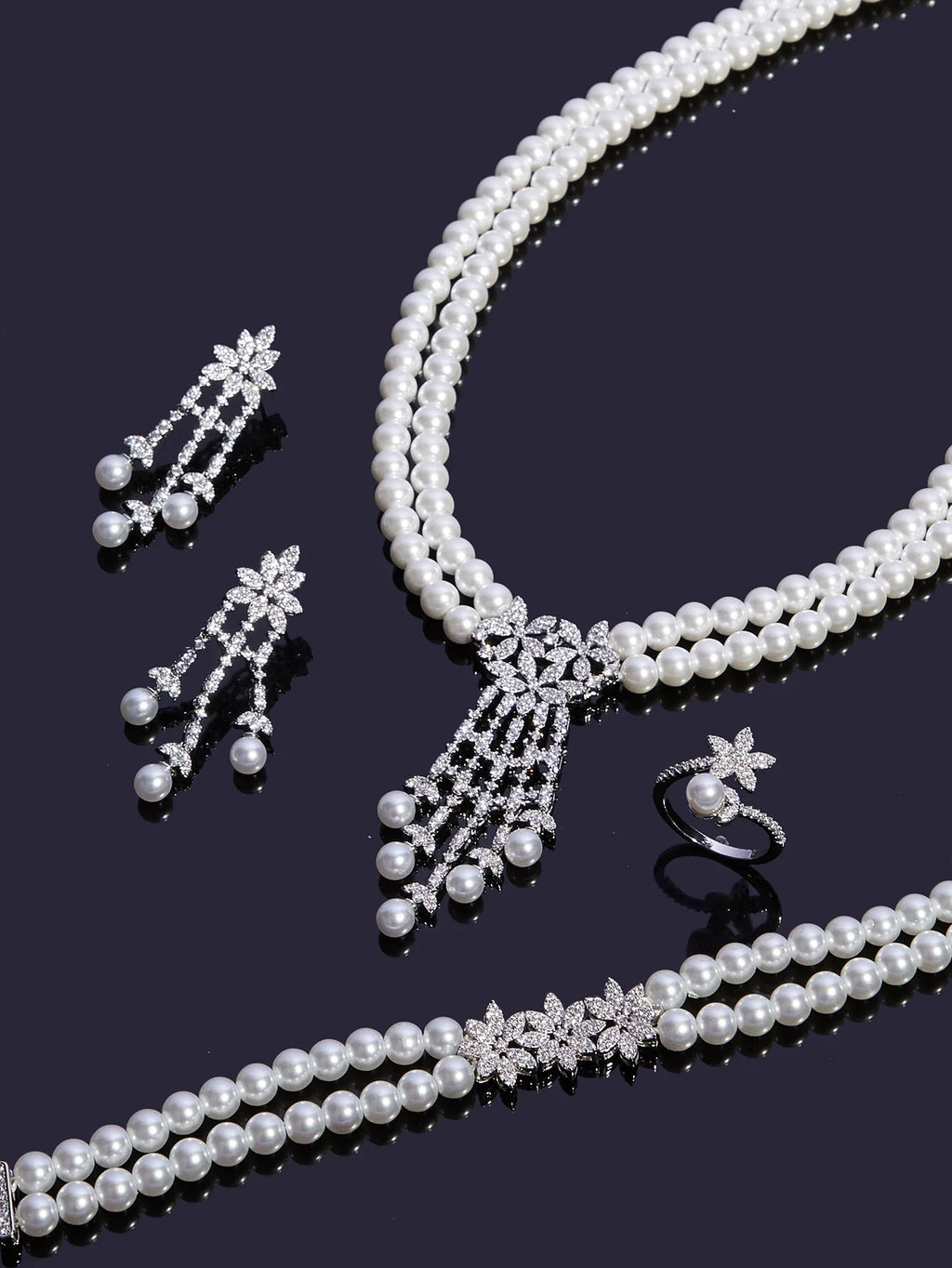 Trendy Pearl Tassel Necklace 4PCS Jewelry Set For Women Wedding Party Full Zircon Dubai Bridal Jewelry Set Gift