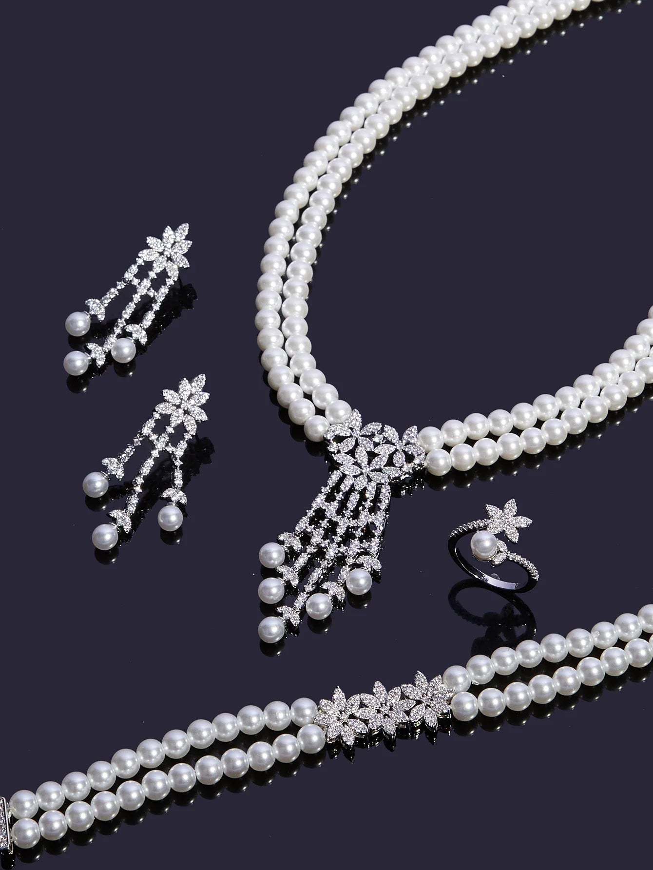 Trendy Pearl Tassel Necklace 4PCS Jewelry Set For Women Wedding Party Full Zircon Dubai Bridal Jewelry Set Gift