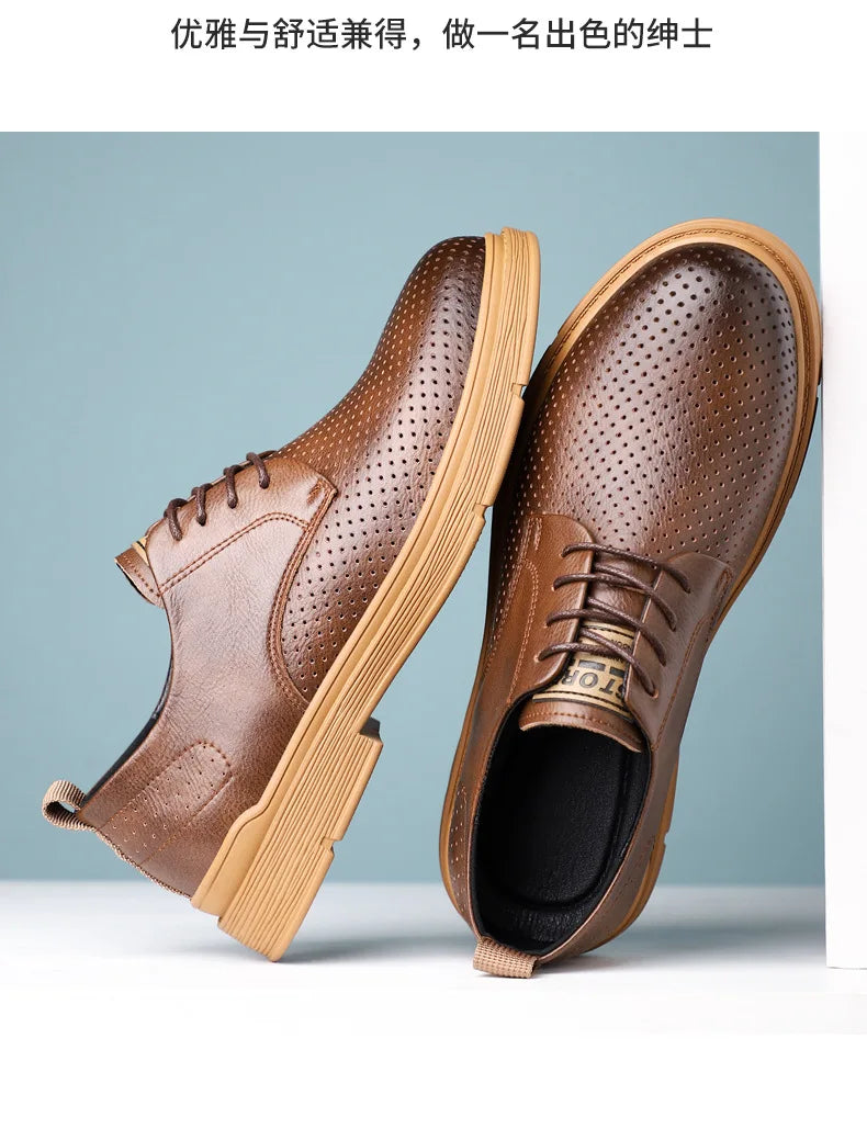 Summer Autumn New Low Top Cow Leather Shoes for Men Hallow Lace Designer Platform Shoes Male Fashion Business Casual Shoe Man