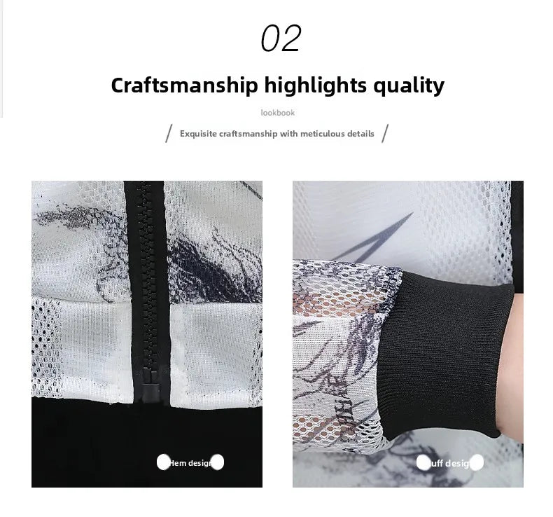Men's Summer Mesh Sun Protection Clothing Trendy Stripe Print Ice Silk Cool Feeling Breathable Quick Dry Hooded Jacket