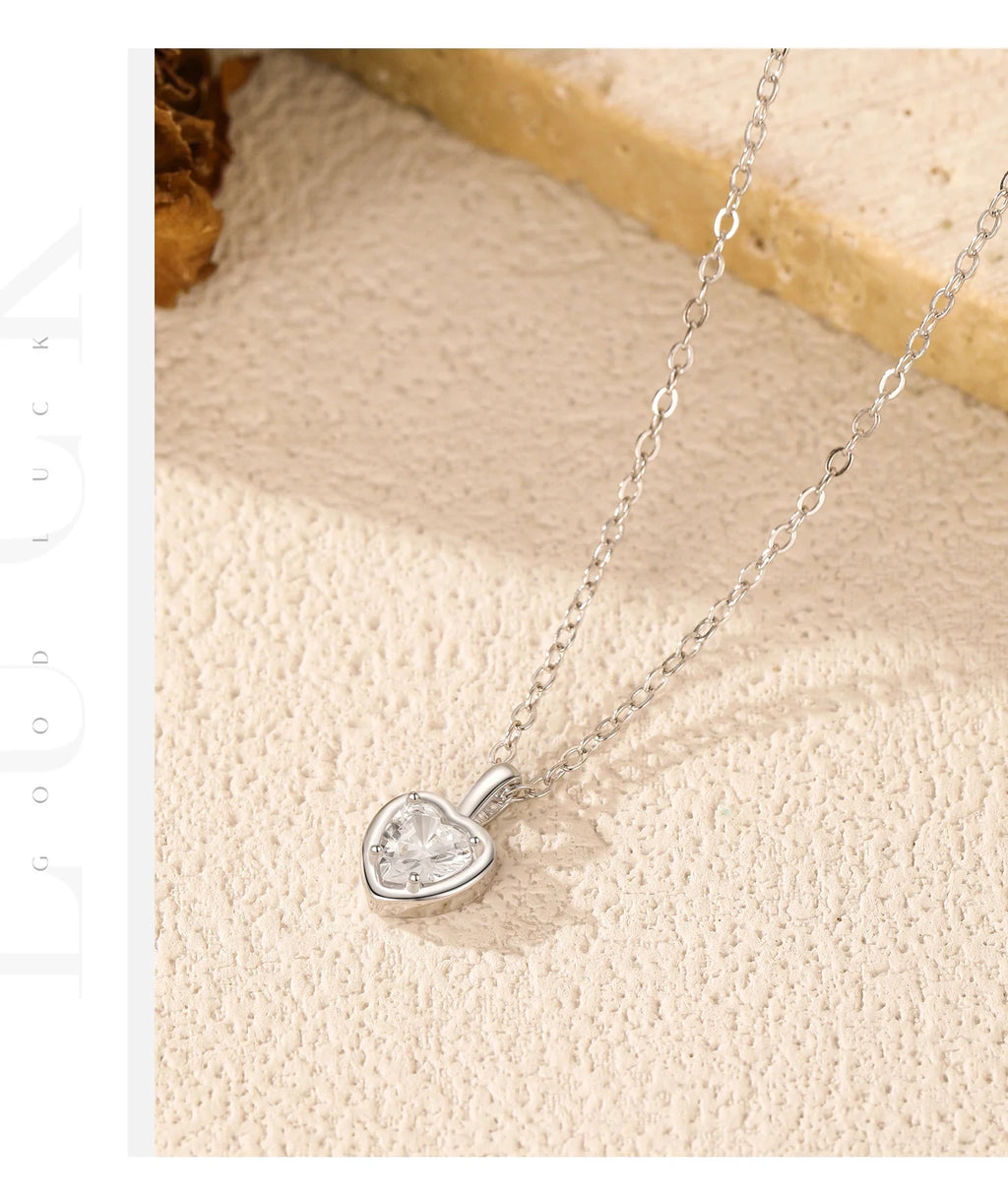 925 Sterling Silver Delicate Sweet Heart Zirconia Wedding Link Chain Pendant Necklace For Women Daily Fine Jewelry