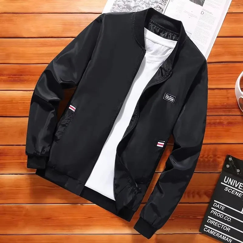 Men's Casual Long Sleeve Zipper Baseball Collar Bomber Jacket, Chic And Trendy Regular Fit Windbreaker Jacket For Spring