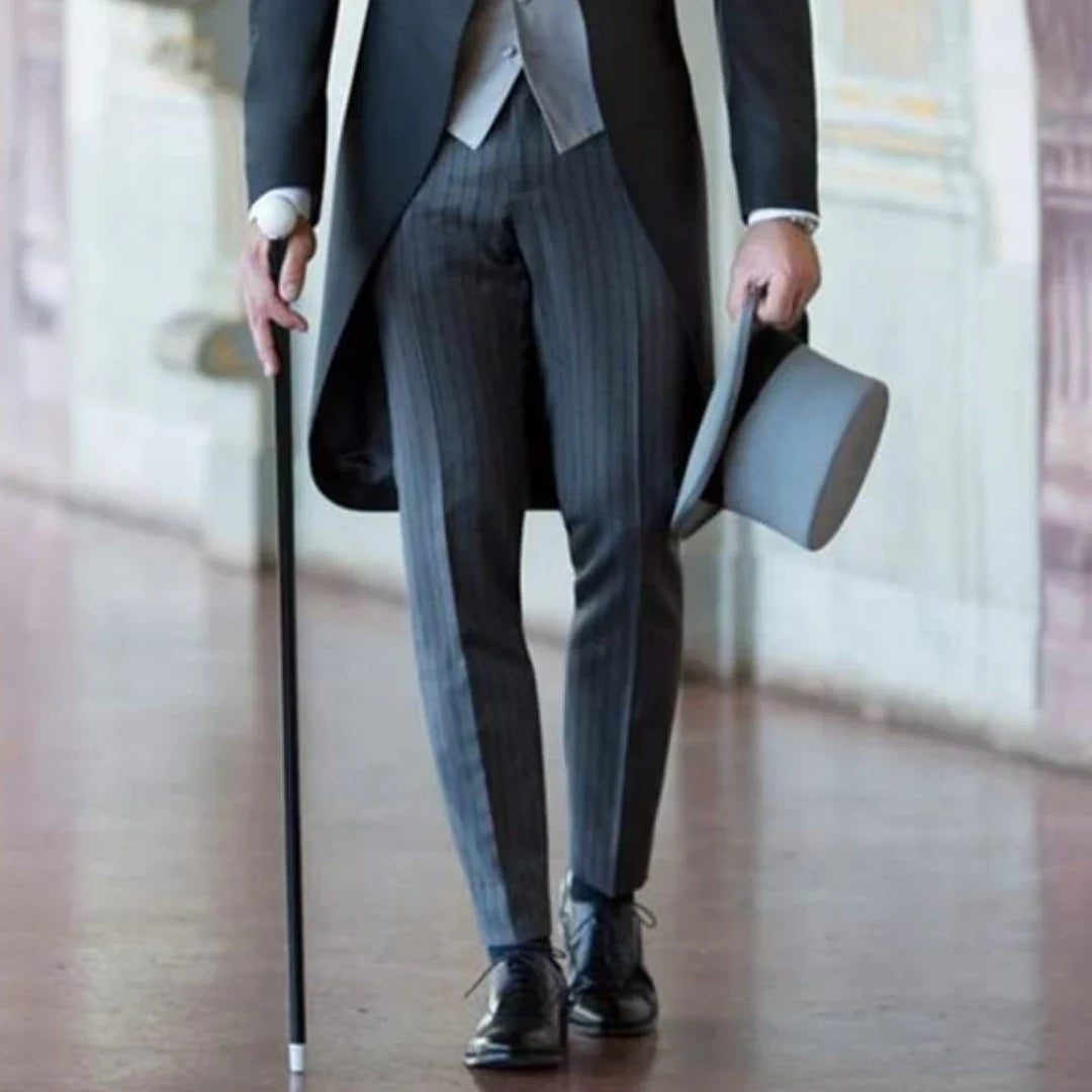 Men Suit 3 Pieces Black With Lapel Business Casual Fit Wedding Banquet Work Tuxedos Jacket Silver Vest With Grey Striped Pants