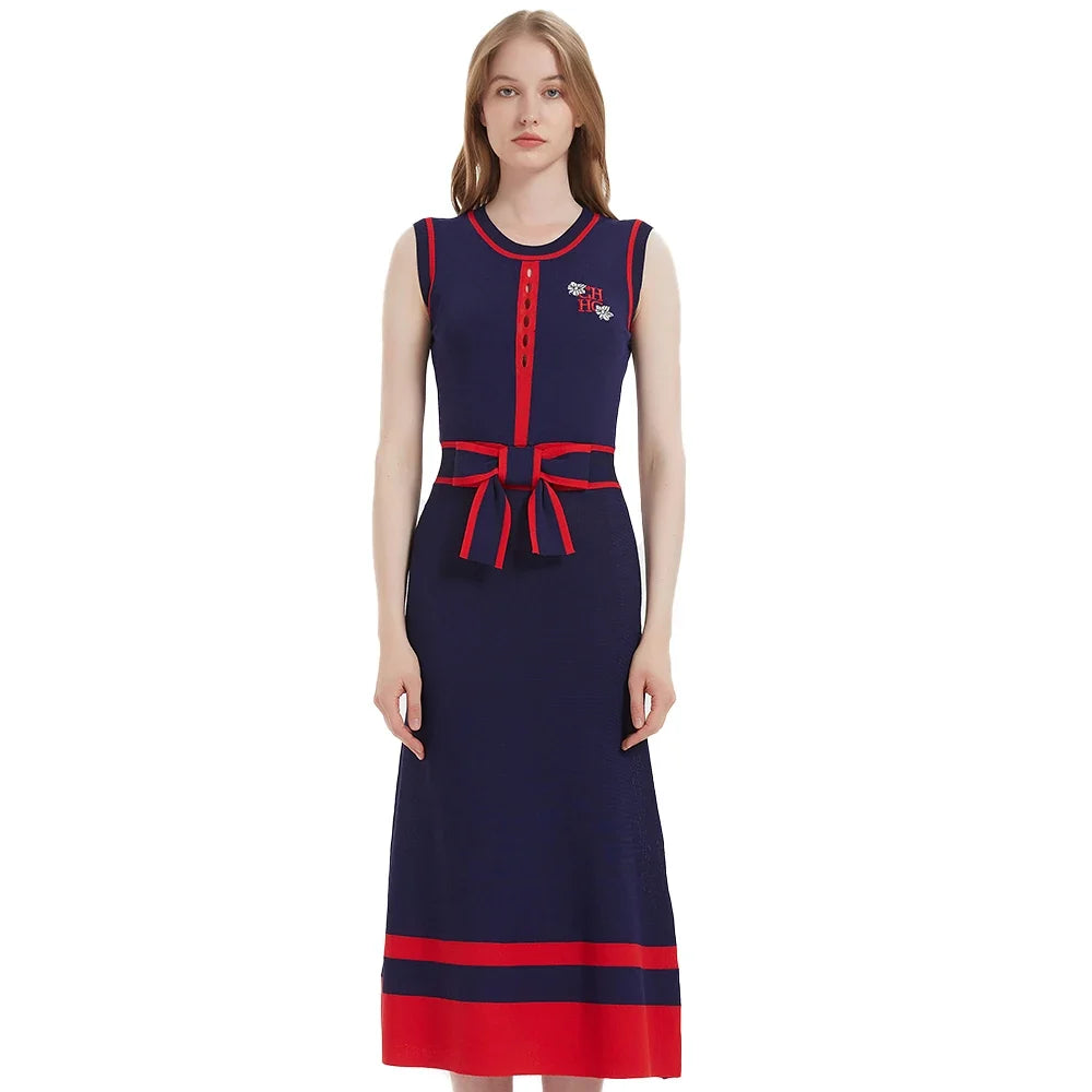 Women's Dress 2024 New Sleeveless Knitted Long Dress Simple navy blue Business Women's Wear