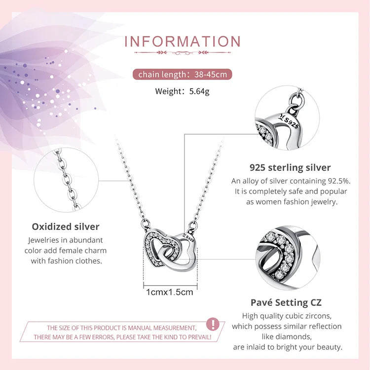 925 Sterling Silver Connected Heart Pendant Necklace for Girlfriend Valentine's Day Gift Fine Jewelry SCN181