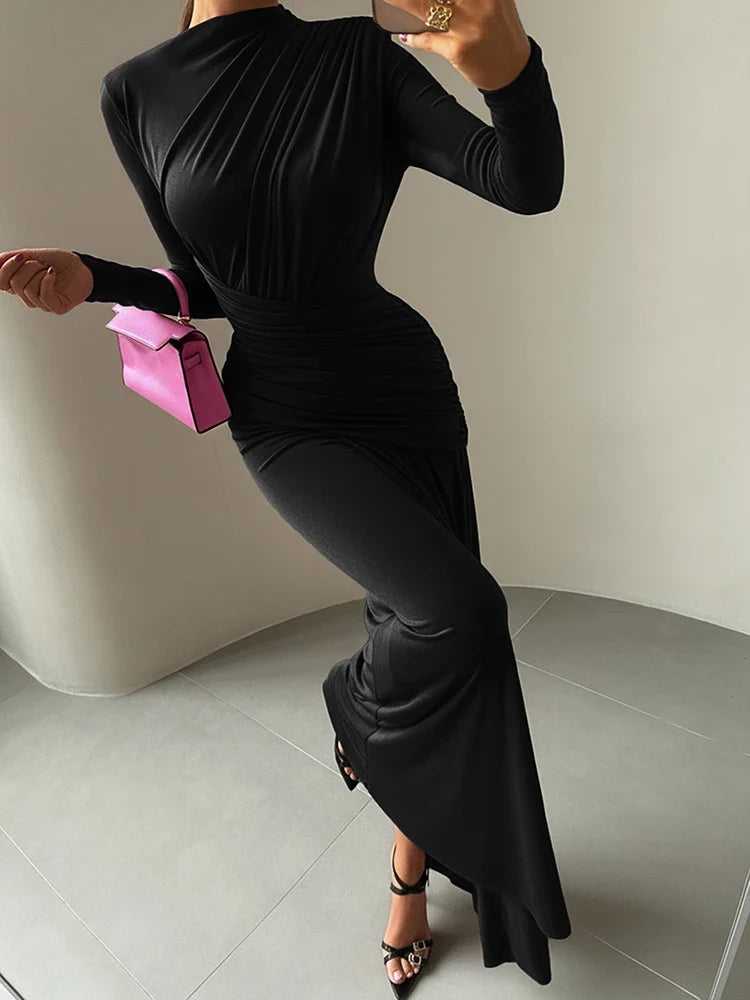Sisterlinda Folds Maxi Dress Women O-Neck Full Sleeve Solid Banquet Elegant Vacation Fashion Autumn Skinny Casual Simple Vestido