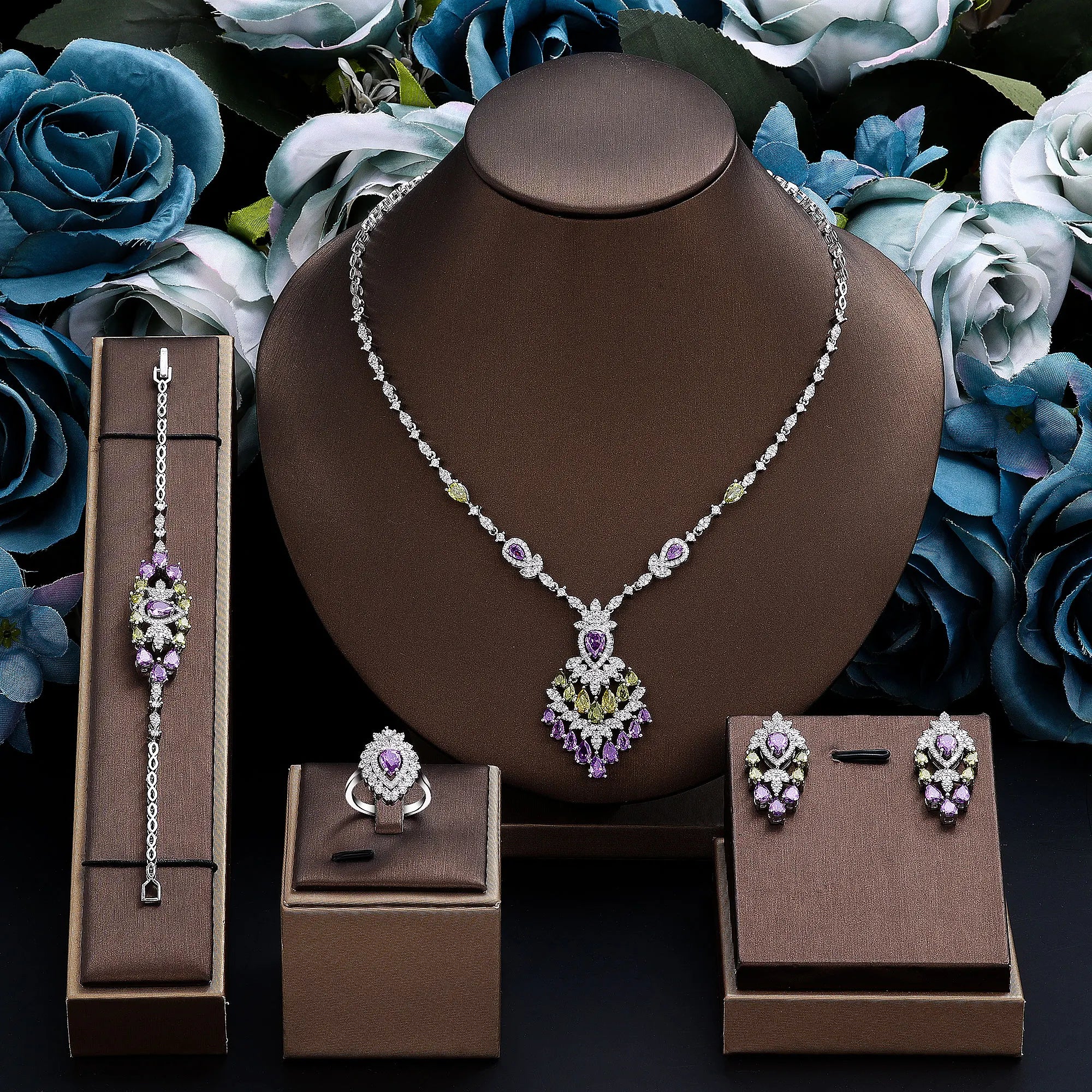 2024 Elegant Wedding Jewelry Set for Women Dubai UAE Bridal 4-piece Jewelry CZ Zircon Tassel Necklace Earrings Set