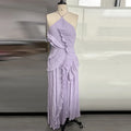 Elegant Neck Strap Ruffles Evening Gown Solid Folds A Line Lace Up Backless Sexy Party Dress 2025 New Party Vacation Y2k Robe