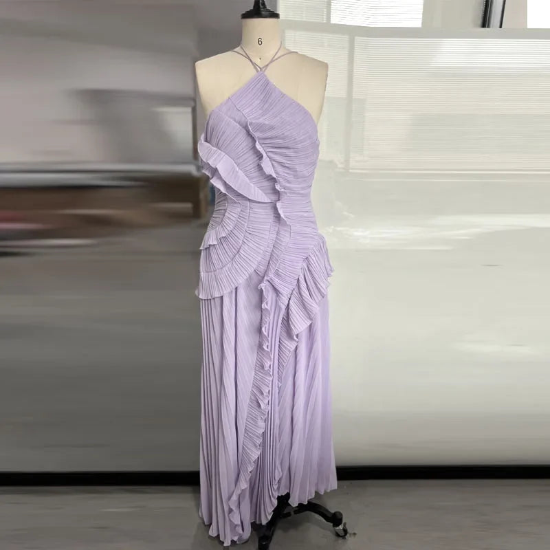 Elegant Neck Strap Ruffles Evening Gown Solid Folds A Line Lace Up Backless Sexy Party Dress 2025 New Party Vacation Y2k Robe