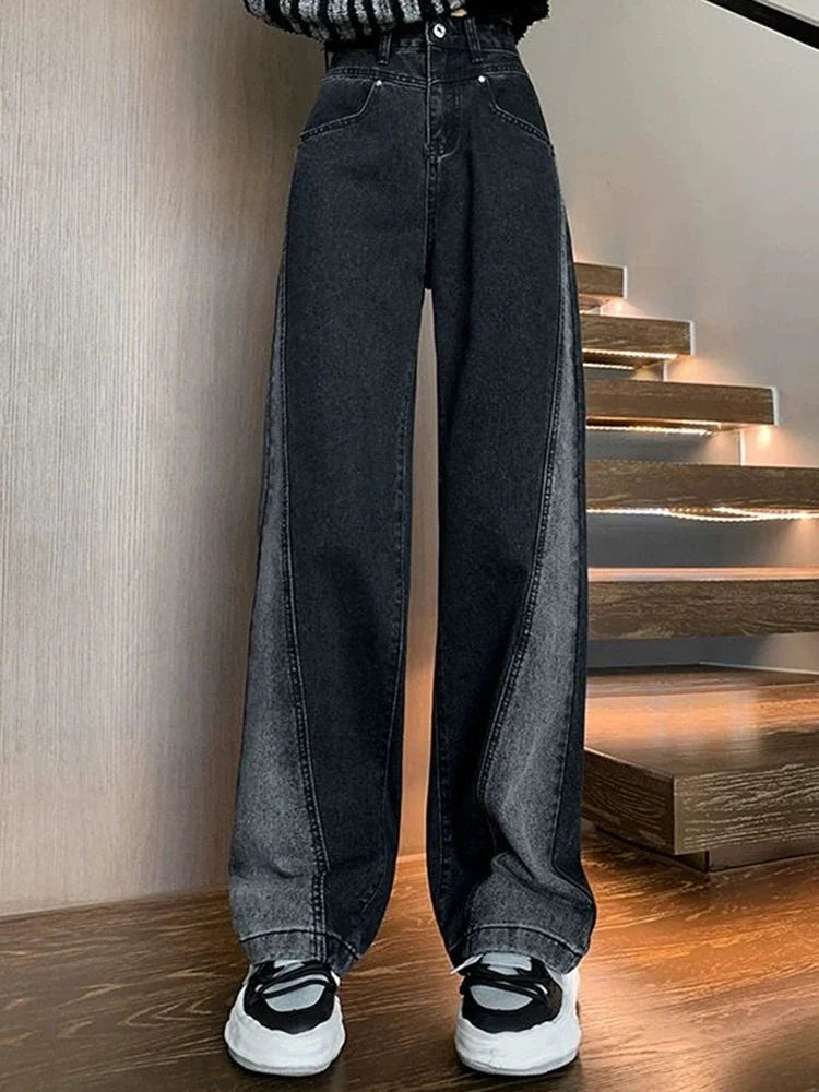 Woman High Waist Jeans High Street Patchwork Straight Leg Pants