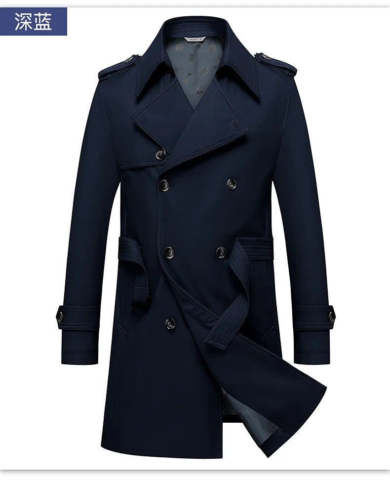 2024 Autumn New Men's Medium to Long Fashion Windbreaker Coat High Quality Double breasted British style Coat Series Belt Coat