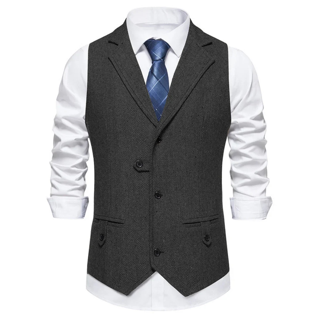 Men Vest Brown Herringbone Single Button Solid With Lapel Waistcoat For Wedding Groom Business Banquet Office Work Men Suit Vest