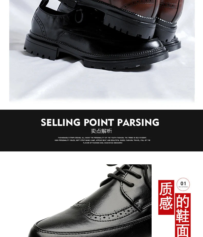 Men Korea Leather Platform Oxfords Slip on Thick Tottom for Male Derby Shoes Casual Loafers Mens Square Toe Formal Dress Shoes
