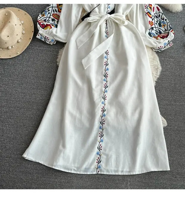 Retro Ethnic Sle Long Sve Embroidered round Ne A-Line Cotton Linen Dr Slimming Waist Cinched Ele Long Dr