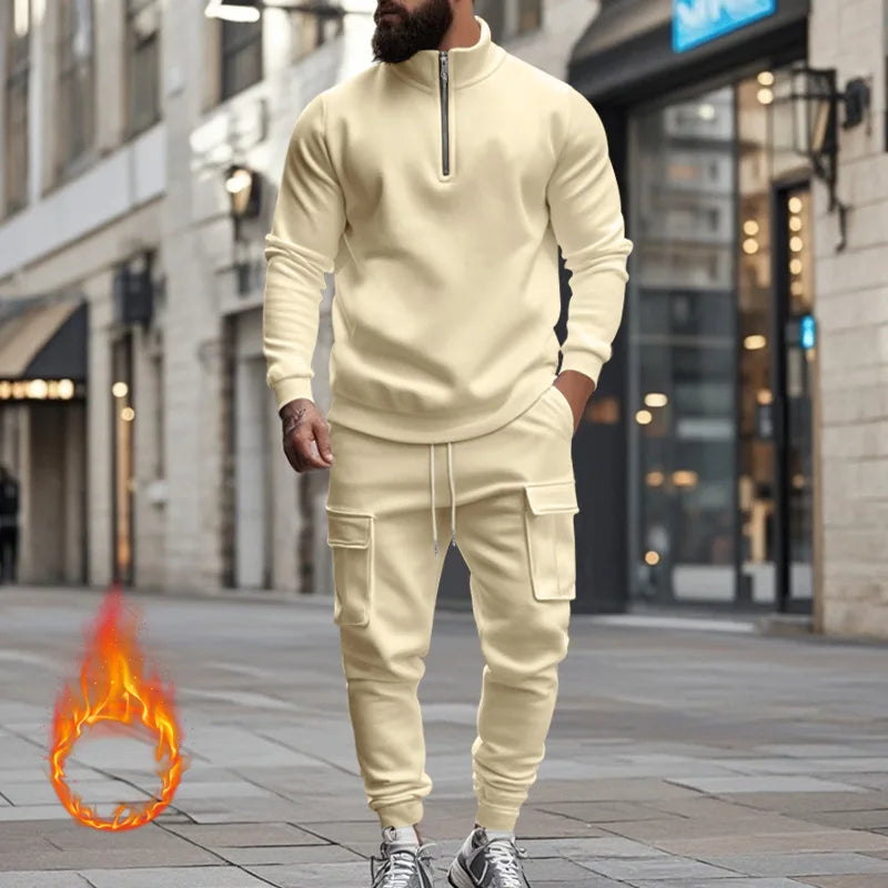 2024 autumn and winter men's casual velvet warm zipper sports trousers set