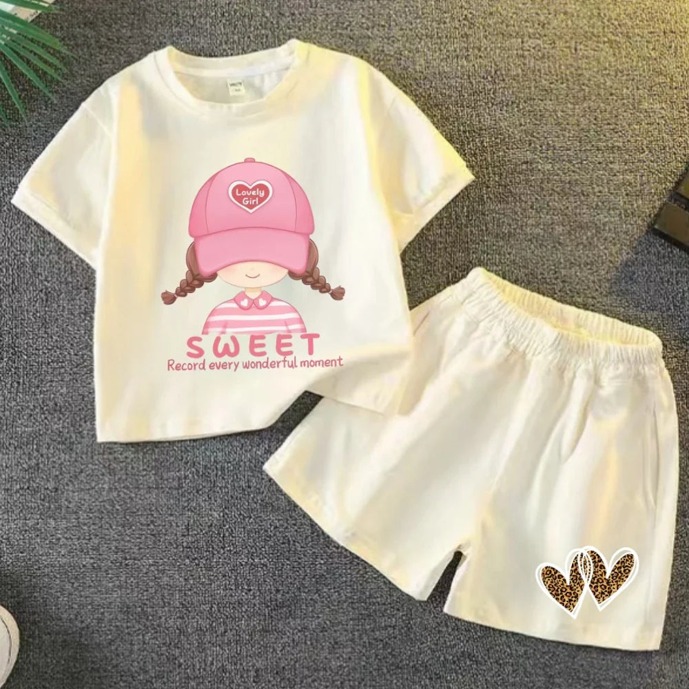 Girls Cartoon Printed Short Sleeve T-Shirts+Top