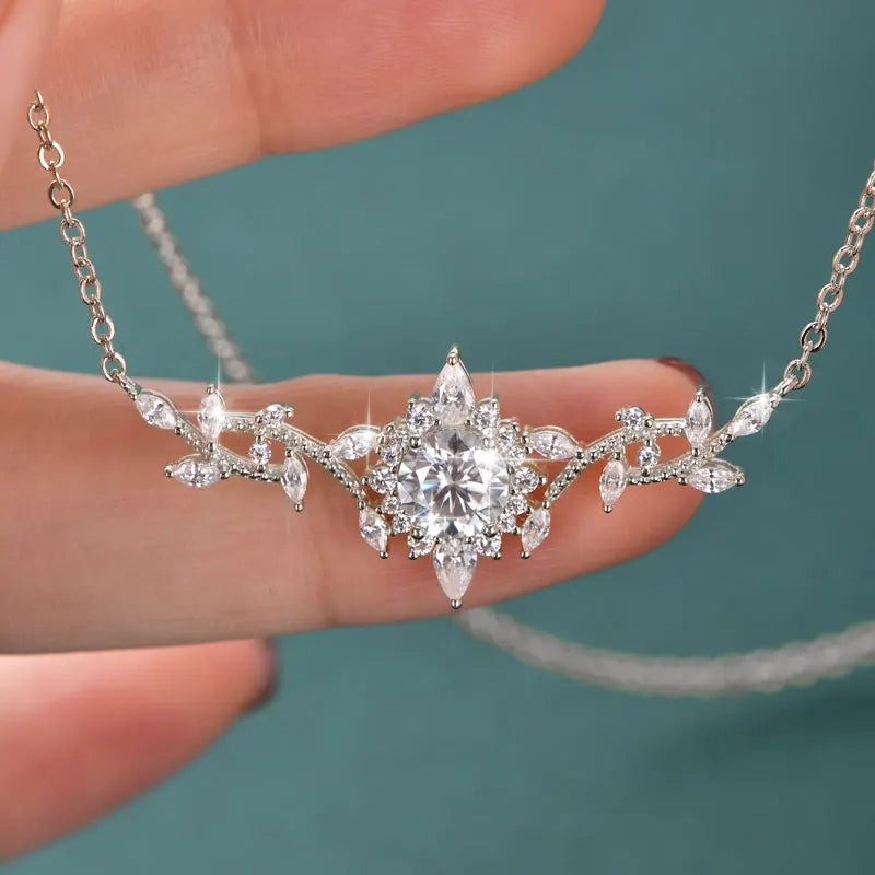 Certificated Moissanite Necklace 14K Gold Filled Sophisticated Floral Leaf Pendant Necklaces for Women Wedding Jewelry