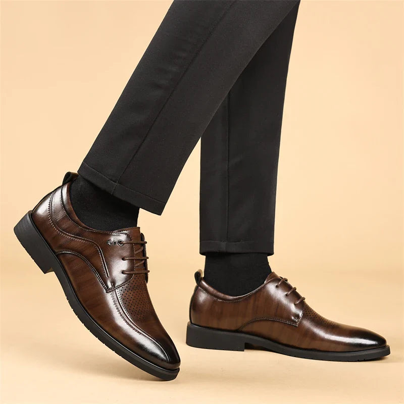 Men's Summer Breathable Leather Shoes Hollow out Comfortable Fashionable Business Formal Derby Shoes British Style-SJ2502-1