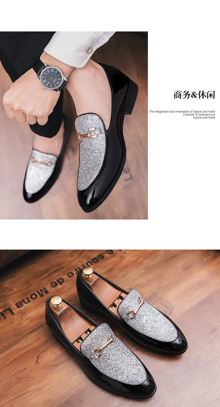 VIPOL Men's pointed suede formal shoes, retro new patchwork loafers mixed with slipper shoes, wedding dress leather shoes