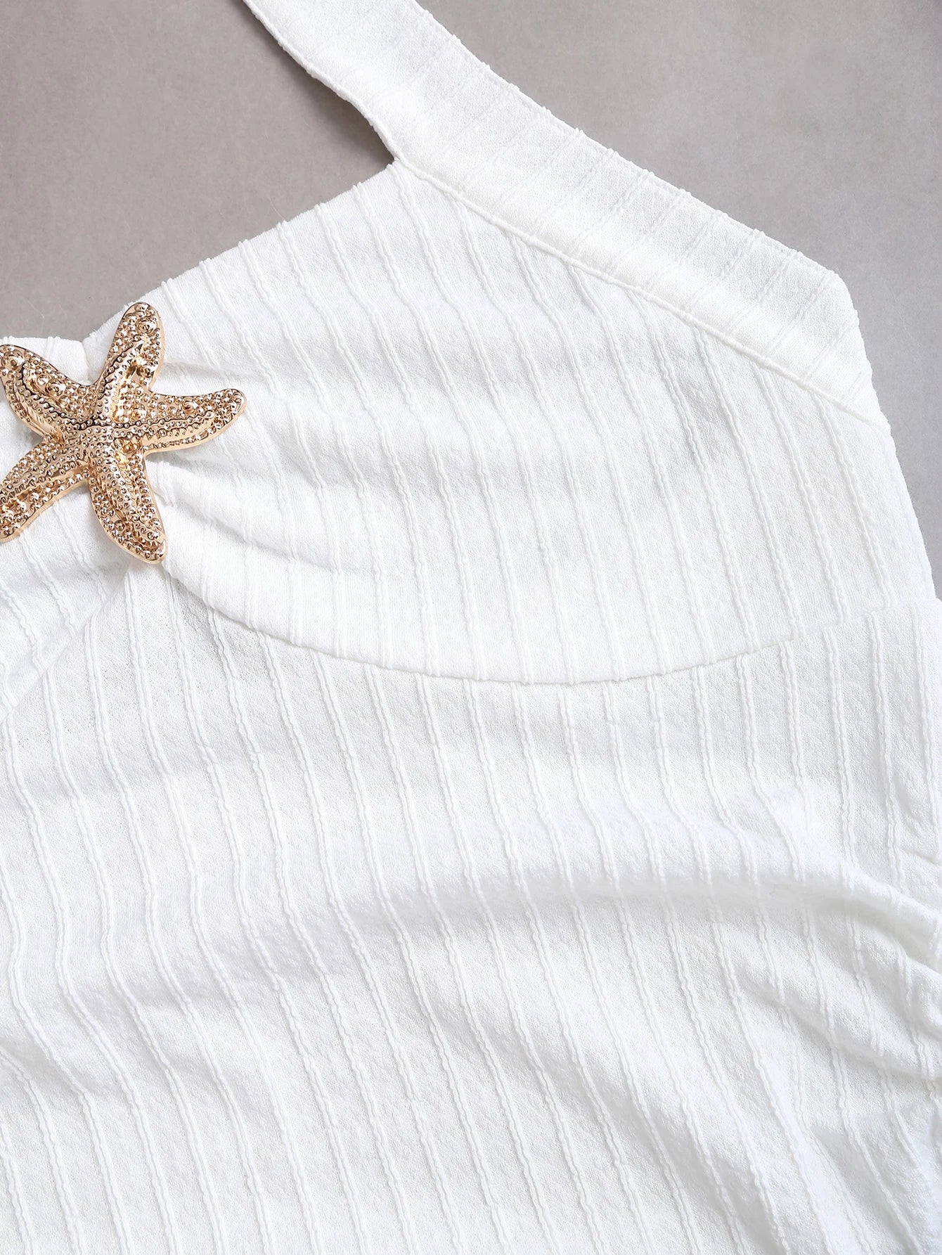 White Halter Neck Mini Dress Women's Ruffled Starfish Embellished Summer Casual Evening Gown