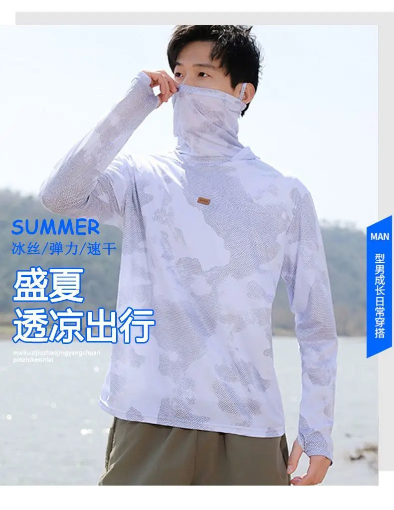 Mens UPF50+ T-Shirt Hoodie Tight Sports Casual Sun Protection T-Shirt Running Quick Dry Hoodie Sunscreen Fishing Men's Clothing