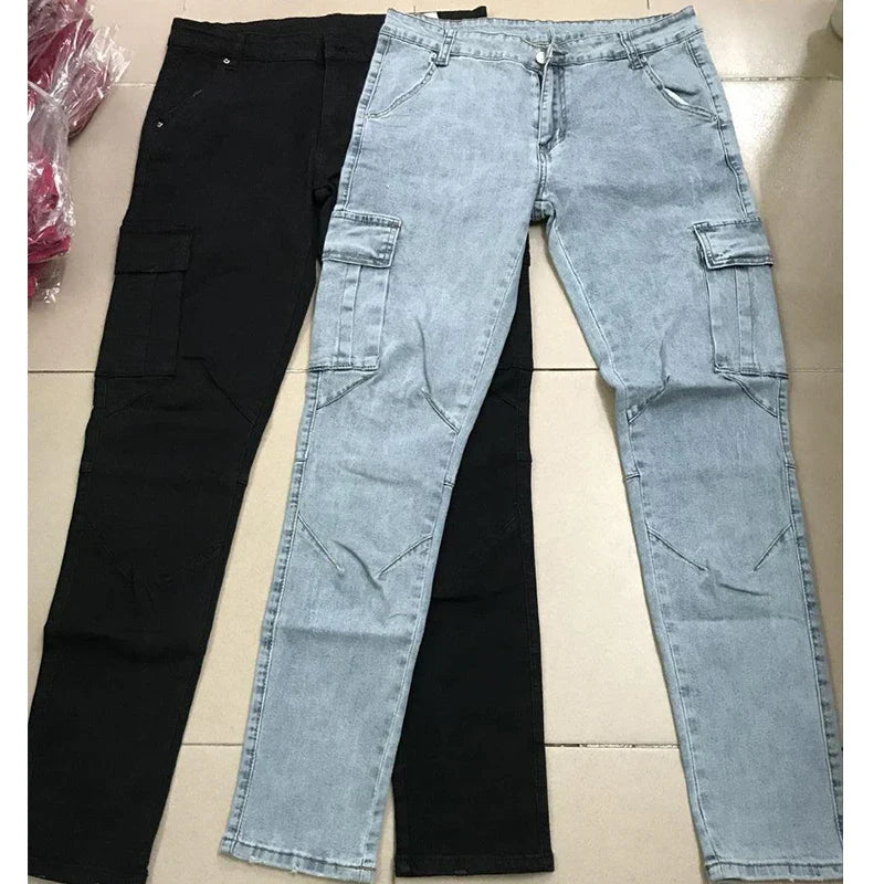 Pants Wash Solid Color Multi Pockets Denim Mid Waist Cargo Jeans