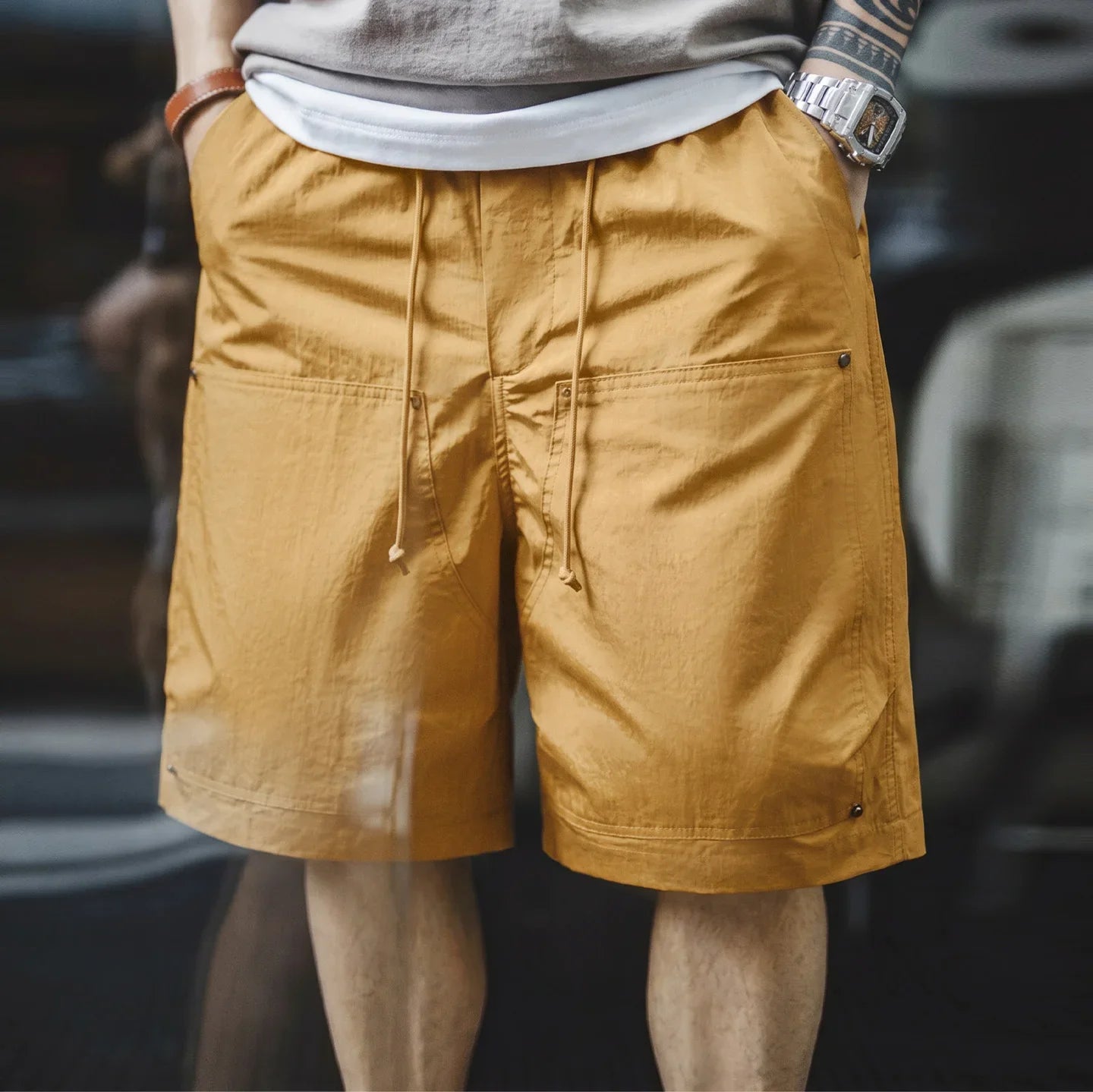 Vintage Mountain Series Lightweight Cargo Shorts Retro Double Knee Wide Leg Logger Style Outdoor Camping Men Summer