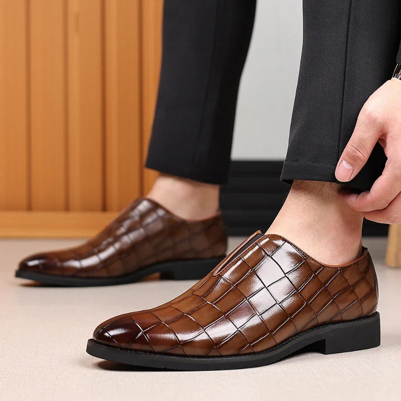 Mens Classic Temperament Brown Crocodile Embossed Leather Loafers Slip On Formal Dress Shoes For Business Office And Casual Wear
