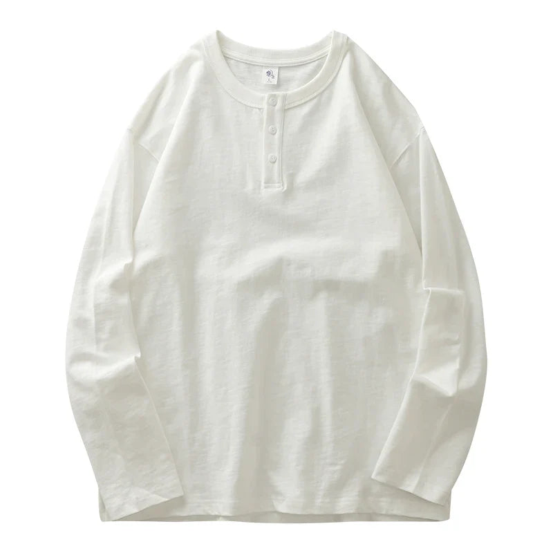 320G Heavyweight 100% Cotton Henley Neck T Shirt for Men Long-Sleeved Spring Autumn Casual Tops Solid Color Undershirts