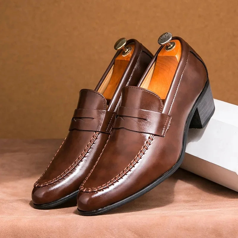 Retro High Heel Men's Shoes Fashionable Business Leather Slip-On Shoes Trendy Rubber Sole Pointed Toe Ankle-Length PU Leather